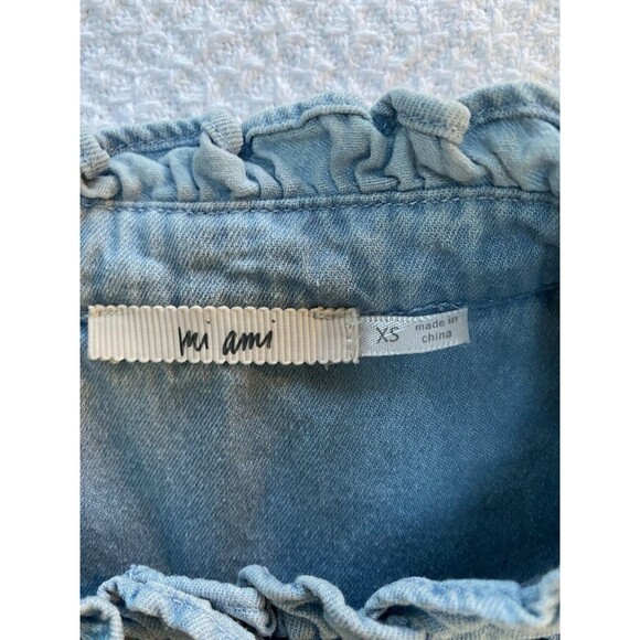 Mi Ami XS Light Wash Denim Ruffle High Neck Blouse Victorian Western Cottagecore - Picture 3 of 7